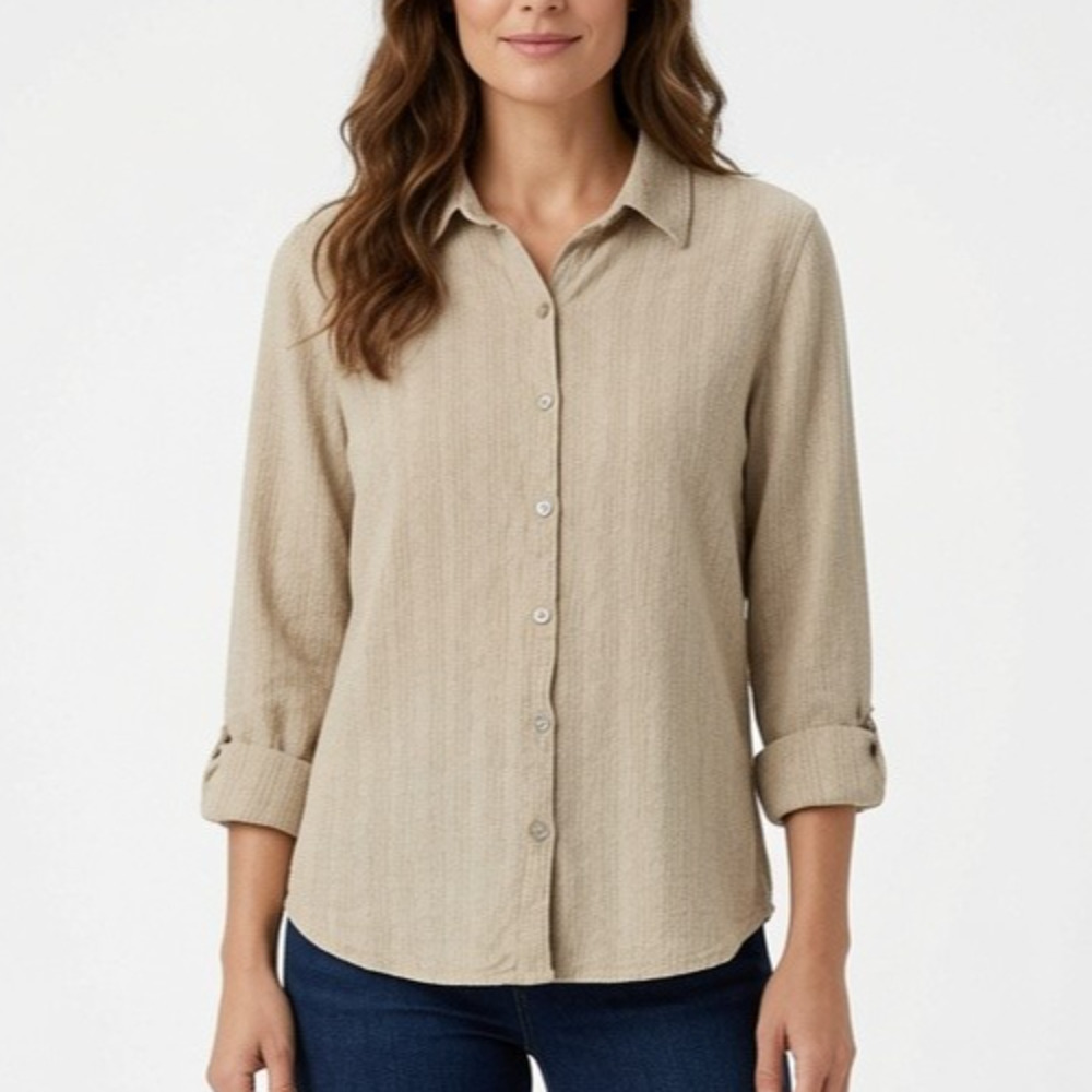 Orvis Womenâs Small Linen Blend Button-Up Shirt Beige Roll-Tab Sleeve Casual